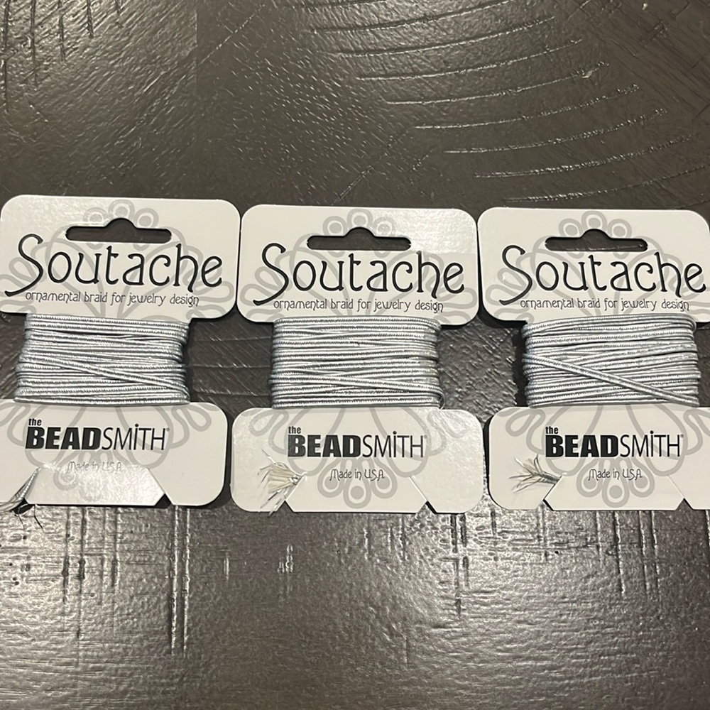 THREE Soutache ornamental braid for jewelry design, silver metallic, 3 yd